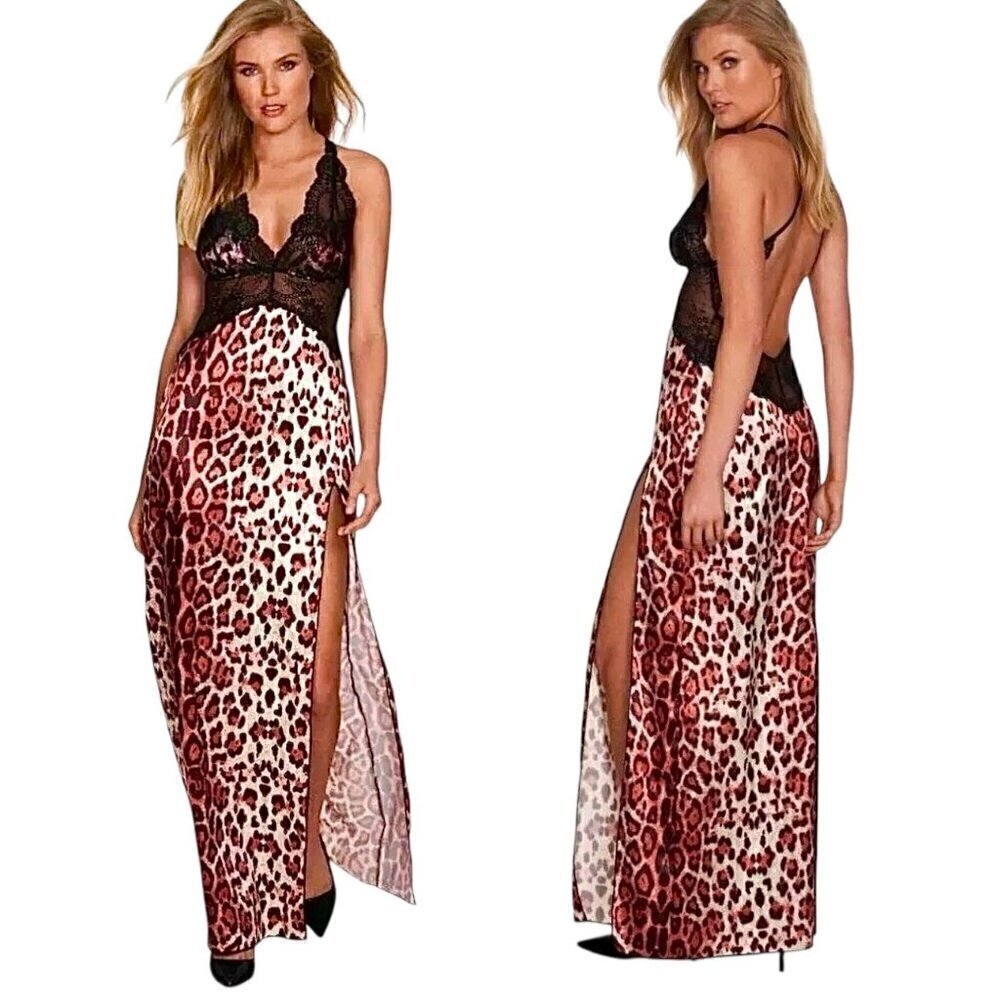 NWT Fredericks of Hollywood Satin Maxi Dress Gown S Leopard Print Black Lace
